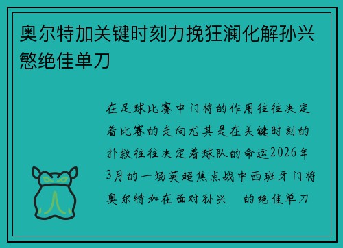 奥尔特加关键时刻力挽狂澜化解孙兴慜绝佳单刀 奥尔特加关键时刻力挽狂澜化解孙兴慜绝佳单刀